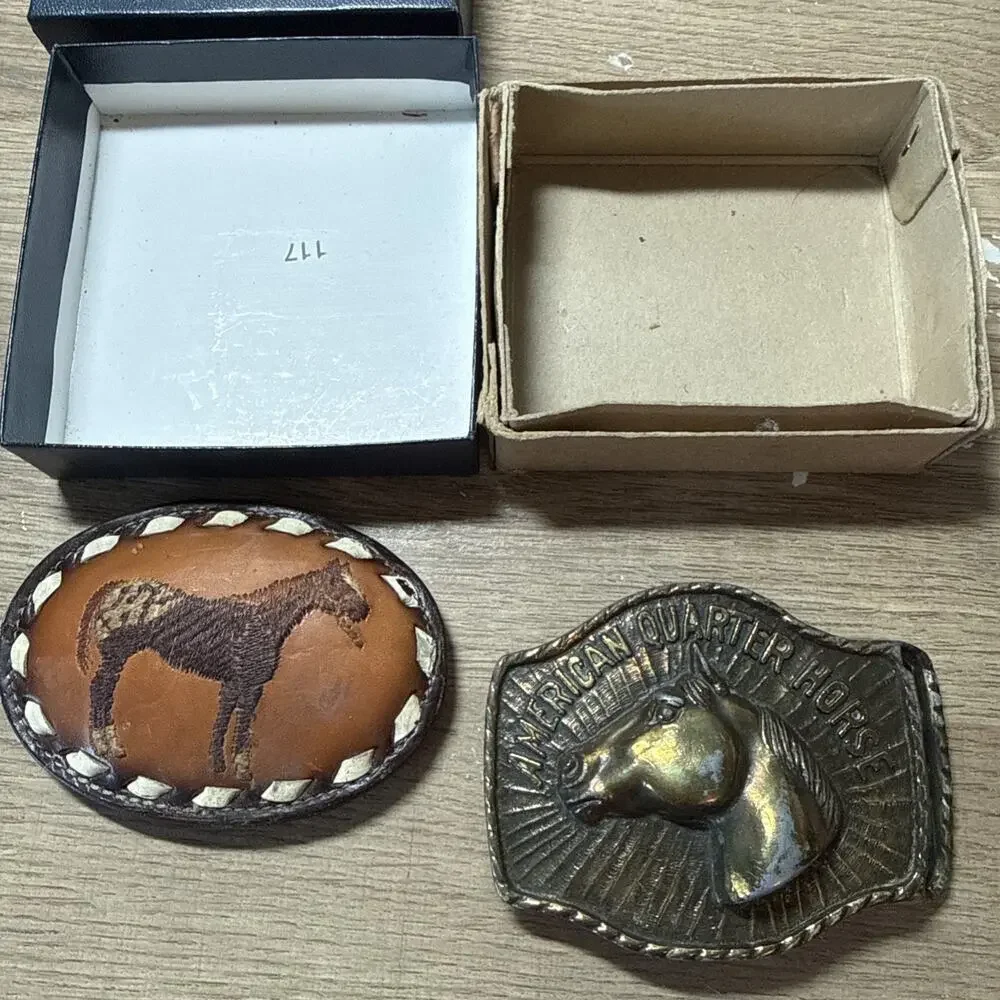 Lot Of Two Vintage Belt Buckles Tony Lama And JJJ Buckle Horses Leather Brass L1